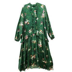 H&M Long Sleeve Ruffle Midi Dress 12 Green Floral High Neck Boho Cottagecore